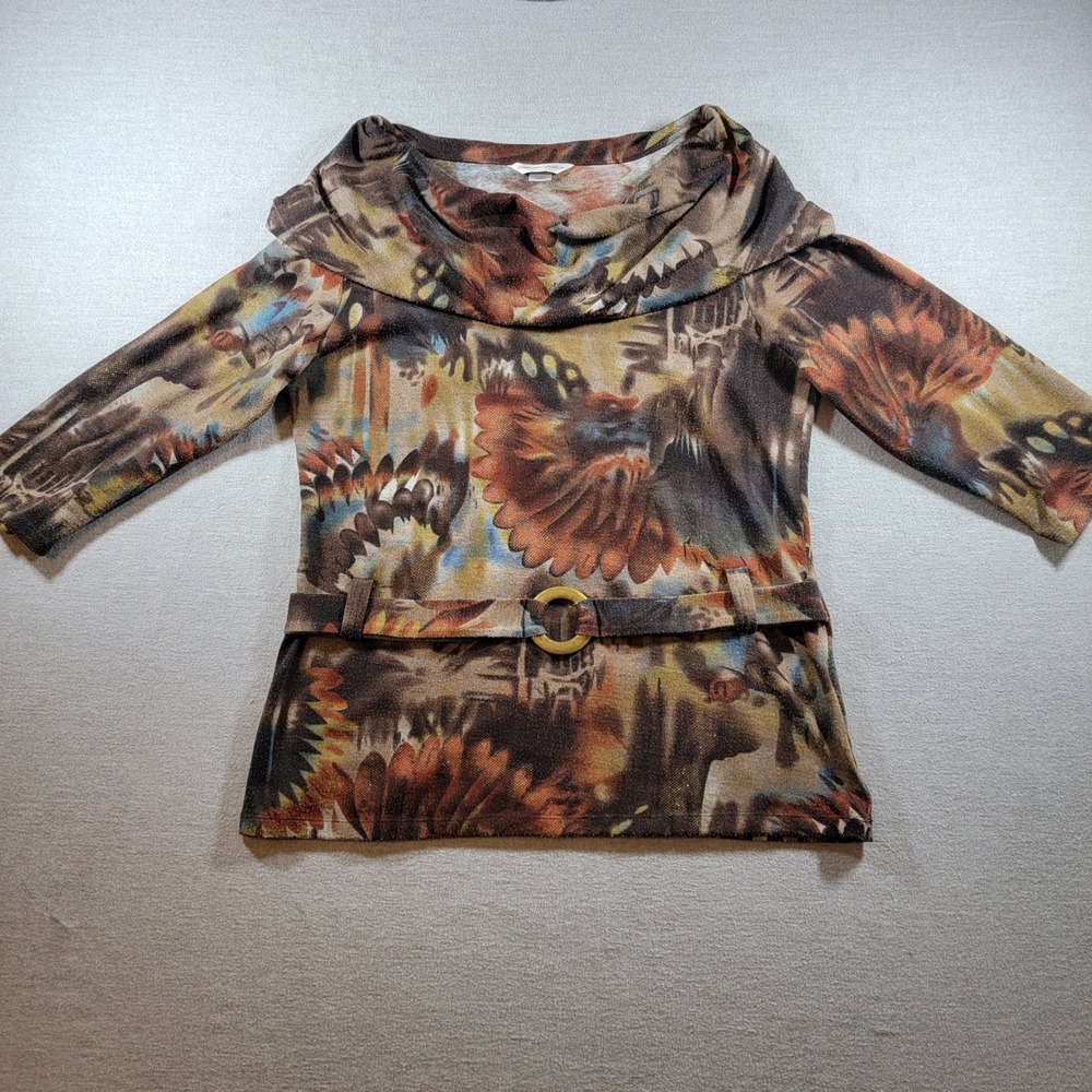 Christopher & Banks Cowl Neck Top Womens Large Brown Metallic Excellent Belted